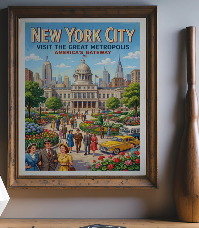 Vintage "New York City Visit The Great Metropolis" poster showing people in a park.