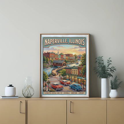 Naperville, Illinois vintage travel poster depicting downtown businesses, riverwalk, and classic cars.