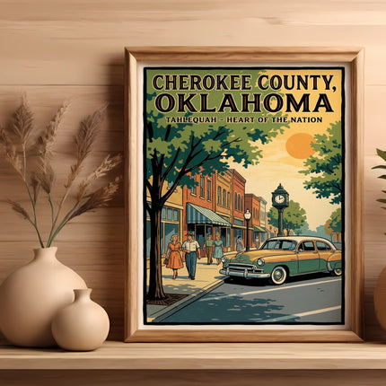 Framed poster of Tahlequah, Oklahoma street scene with vintage car and people.