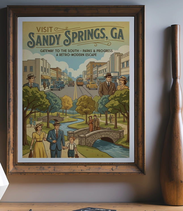 Visit Sandy Springs, GA poster featuring a retro-modern scene with people and a street.
