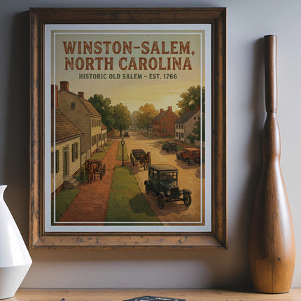 Vintage poster of Winston-Salem, NC, Historic Old Salem, est. 1766, with horse-drawn carriages and cars.