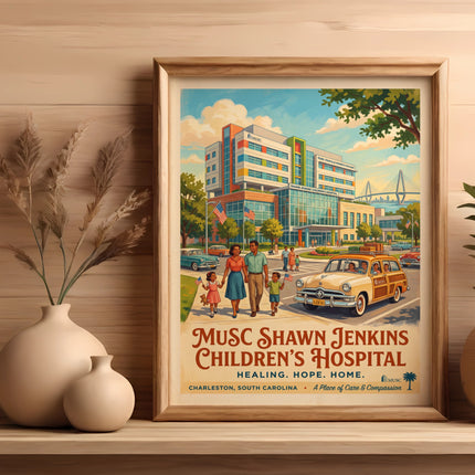 Poster for MUSC Shawn Jenkins Children's Hospital featuring a family and a station wagon.