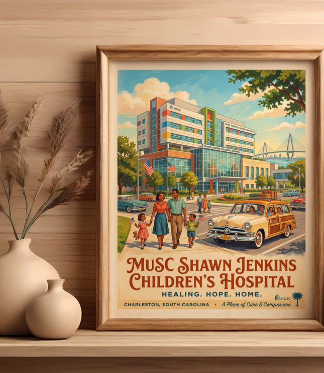 Poster for MUSC Shawn Jenkins Children's Hospital featuring a family and a station wagon.
