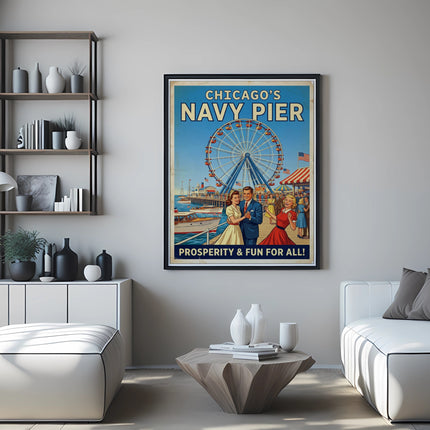 Vintage Chicago Navy Pier poster with Ferris wheel and couple.