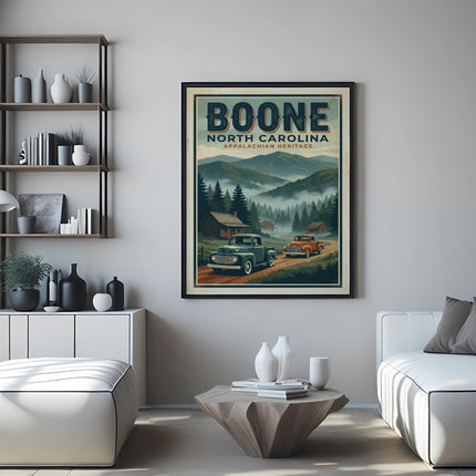 Vintage travel poster of Boone, North Carolina with trucks and mountains.