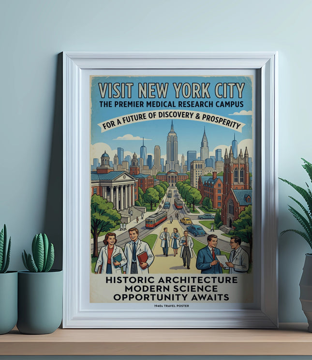 New York City travel poster with buildings, people in lab coats, and text about medical research.
