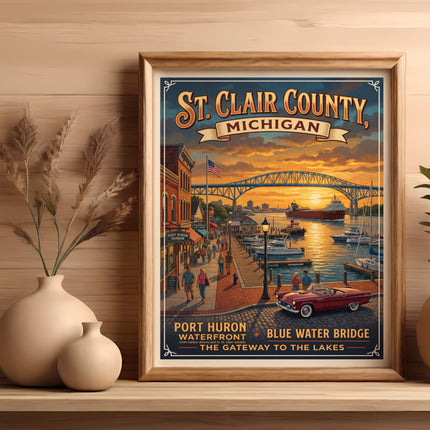 St. Clair County, Michigan poster featuring Port Huron waterfront and Blue Water Bridge.