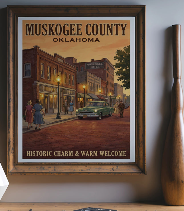 Poster of Muskogee County, Oklahoma, showing a vintage street scene with buildings, people, and a car.