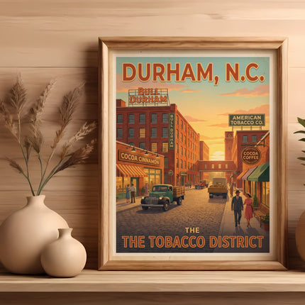 Poster of Durham, N.C. Tobacco District with buildings, trucks, and people.