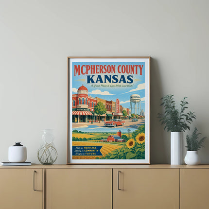 McPherson County Kansas poster with vintage town scene and farm elements.