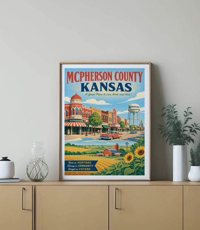 McPherson County Kansas poster with vintage town scene and farm elements.