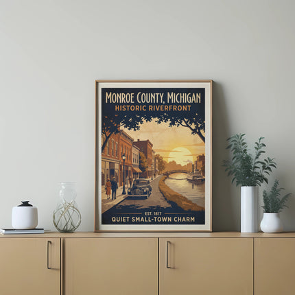 Monroe County, Michigan Historic Riverfront poster with vintage car, riverboat, and sunset.