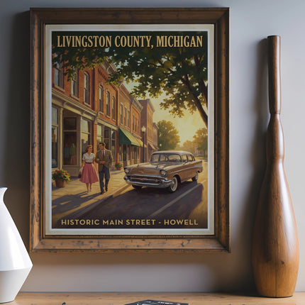 Vintage poster of Livingston County, Michigan Historic Main Street, Howell, with a couple and classic car.