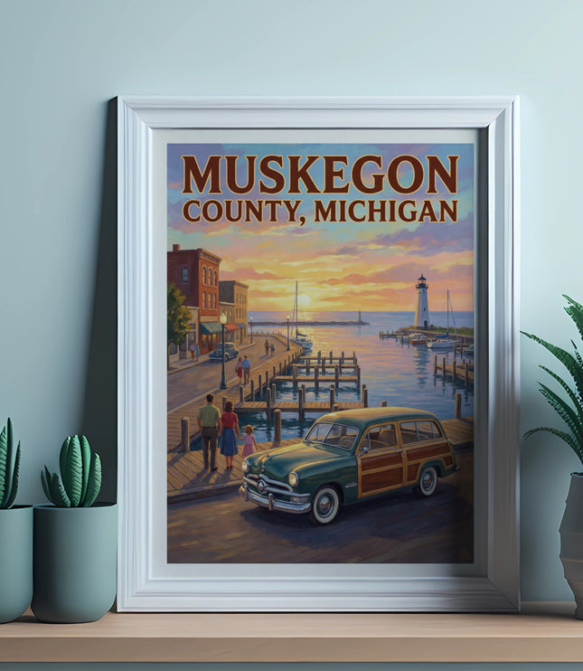 Wooden station wagon parked at Muskegon County, Michigan harbor during sunset with lighthouse.
