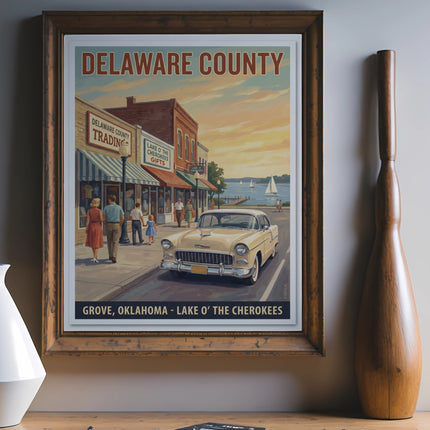 Vintage travel poster for Delaware County, Oklahoma, featuring a classic car and lake scene.