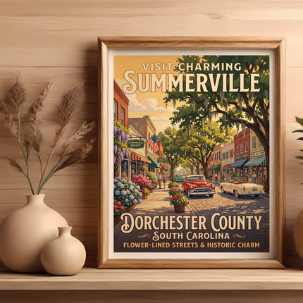 Framed Summerville, South Carolina vintage travel poster with flower-lined streets and cars.