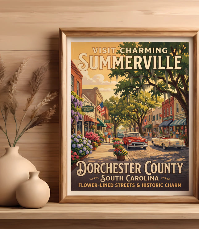 Framed Summerville, South Carolina vintage travel poster with flower-lined streets and cars.