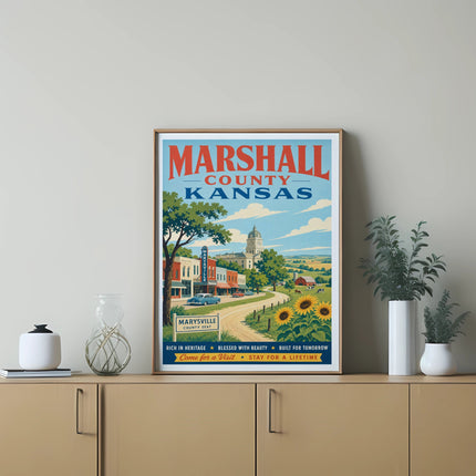 Marshall County Kansas vintage travel poster with Marysville county seat.