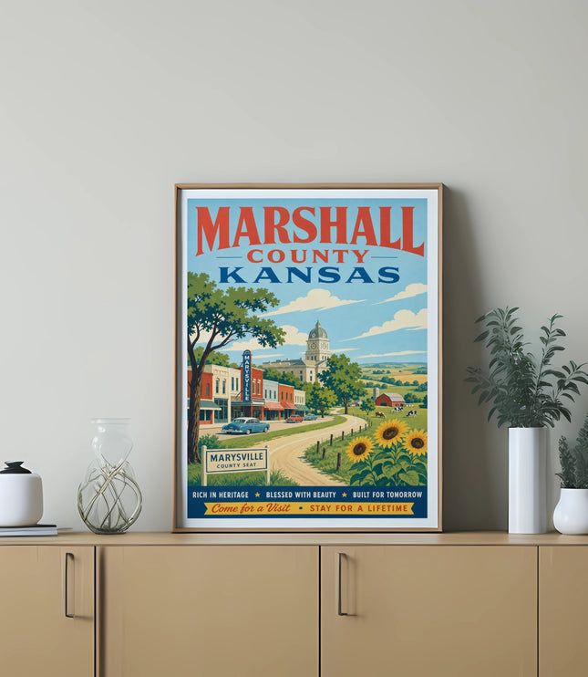 Marshall County Kansas vintage travel poster with Marysville county seat.