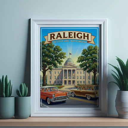 Raleigh, The City of Oaks, North Carolina vintage poster featuring classic cars and state capitol building.