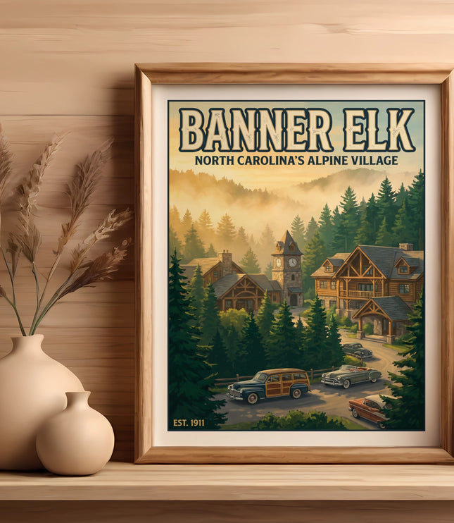 Banner Elk North Carolina's Alpine Village vintage travel poster with trees and buildings.