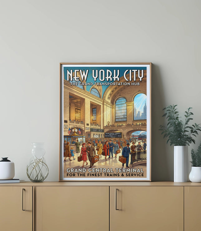 New York City Grand Central Terminal poster featuring people and trains.
