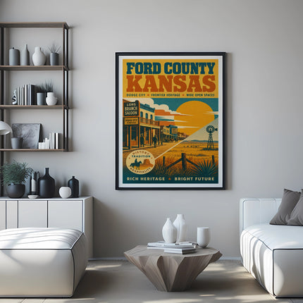 Ford County, Kansas vintage travel poster with saloon and windmill.