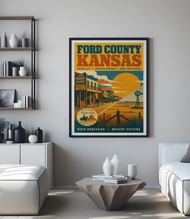 Ford County, Kansas vintage travel poster with saloon and windmill.