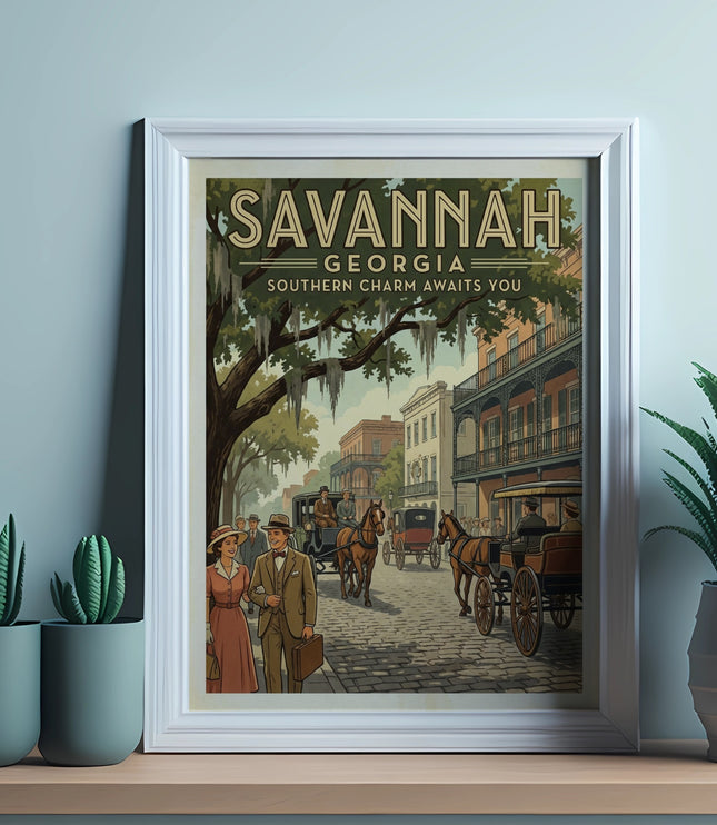 Savannah Georgia vintage travel poster with horse-drawn carriages and people.
