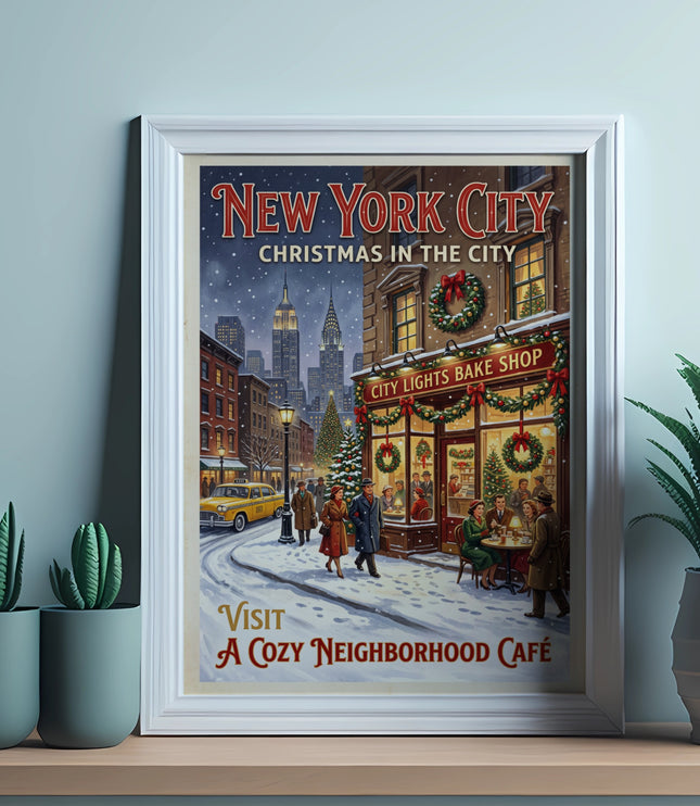 New York City Christmas poster featuring City Lights Bake Shop storefront and snowy street.