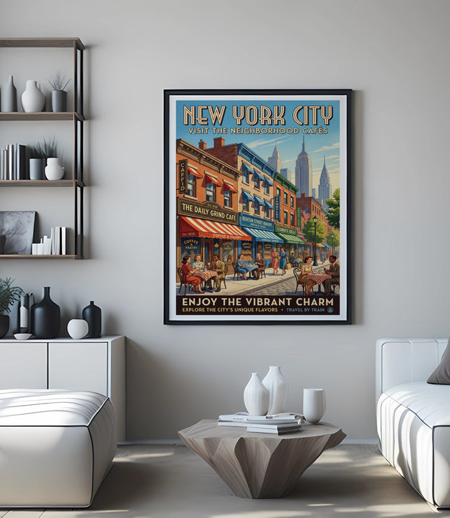 New York City vintage poster featuring neighborhood cafes and iconic skyscrapers.