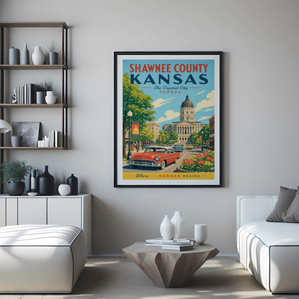 Shawnee County Kansas capital city poster with a vintage car.
