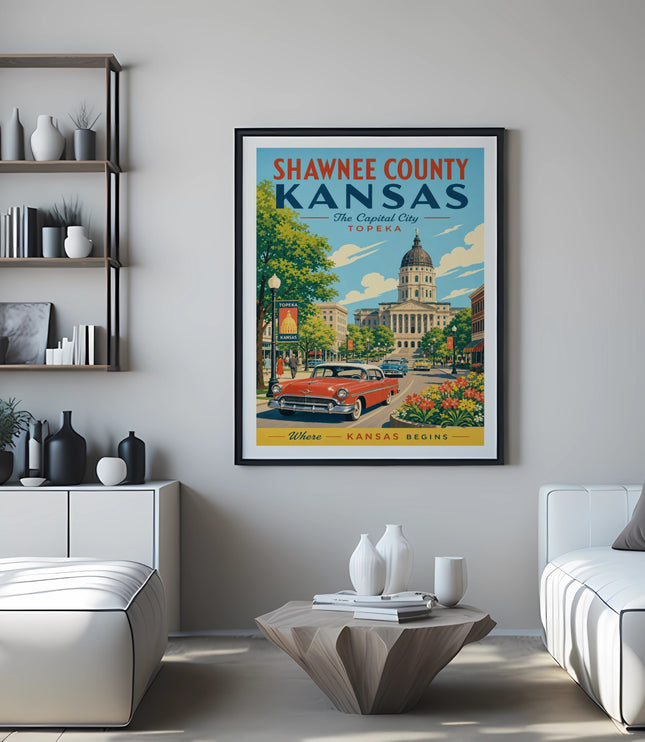 Shawnee County Kansas capital city poster with a vintage car.