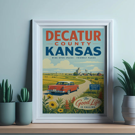 Decatur County Kansas vintage travel poster with a 1955 car and fields.