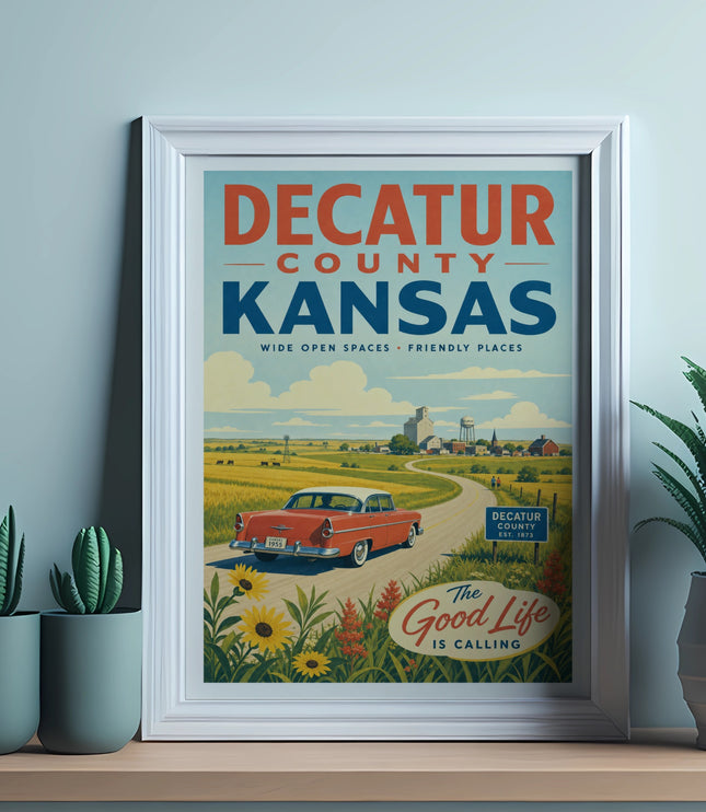 Decatur County Kansas vintage travel poster with a 1955 car and fields.