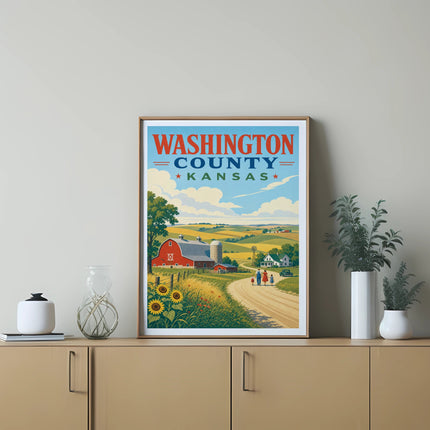 Washington County, Kansas travel poster with a red barn and sunflowers.