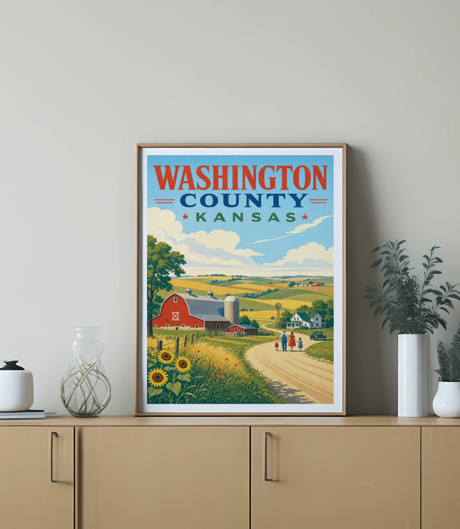Washington County, Kansas travel poster with a red barn and sunflowers.