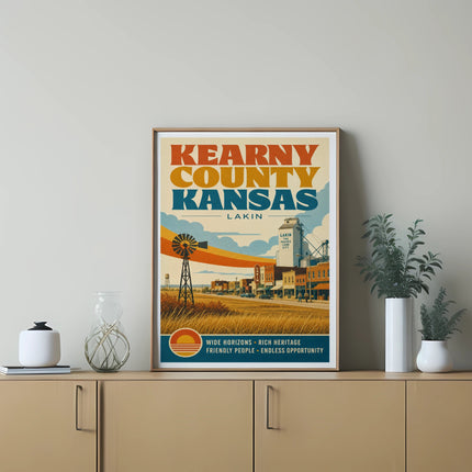Kearny County, Kansas poster with Lakin cityscape and windmill.