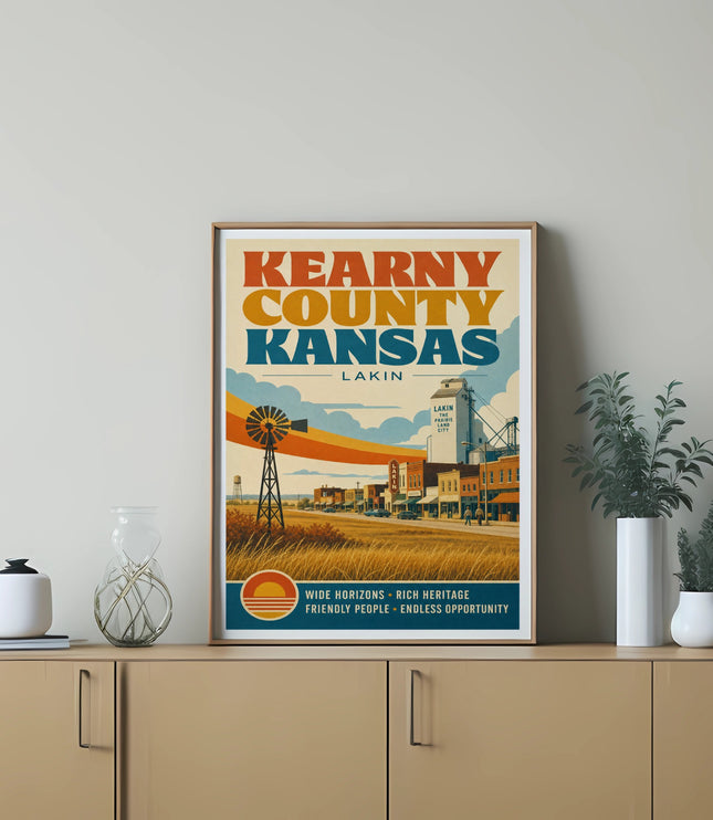 Kearny County, Kansas poster with Lakin cityscape and windmill.