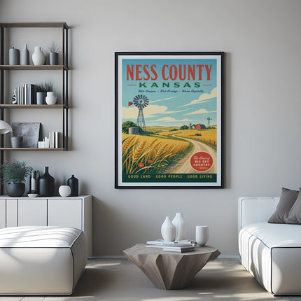 Ness County, Kansas travel poster with wheat fields and text.