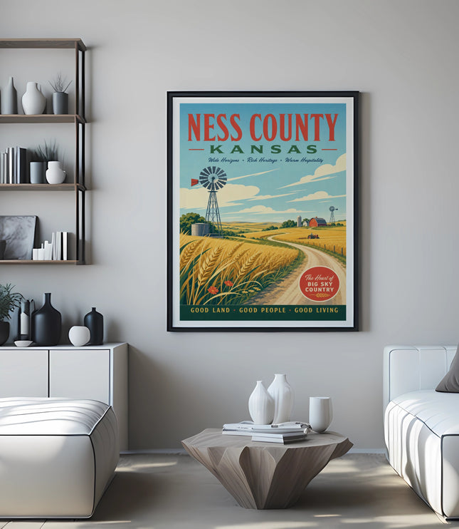 Ness County, Kansas travel poster with wheat fields and text.