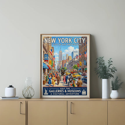 New York City cultural adventure poster with vintage street scene and text.
