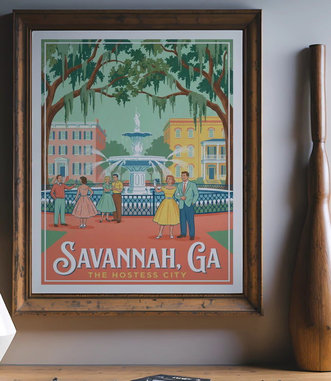 Framed poster of Savannah, GA, The Hostess City, featuring a fountain and people.