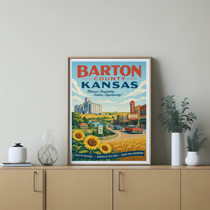 Barton County Kansas poster with sunflowers, wheat fields, and town landmarks.