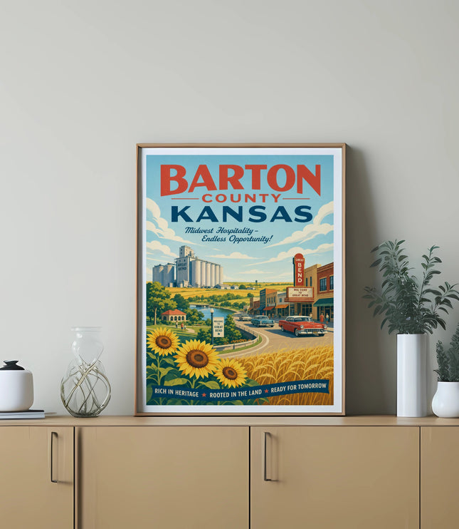 Barton County Kansas poster with sunflowers, wheat fields, and town landmarks.