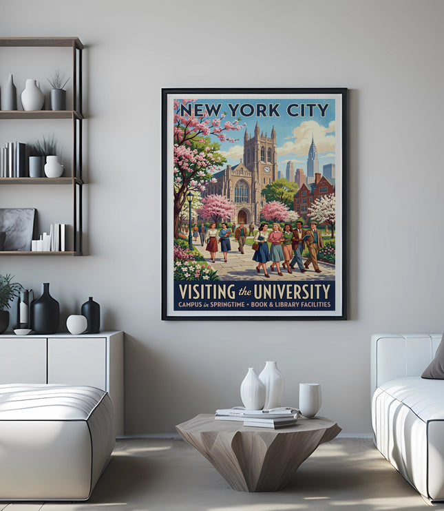Vintage New York City university campus poster with cherry blossoms.
