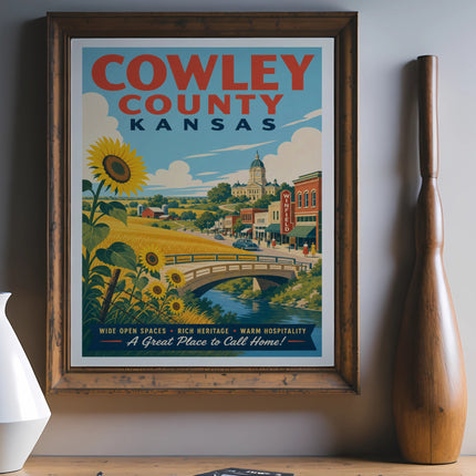 Cowley County, Kansas travel poster with a bridge, buildings, and a sunflower.