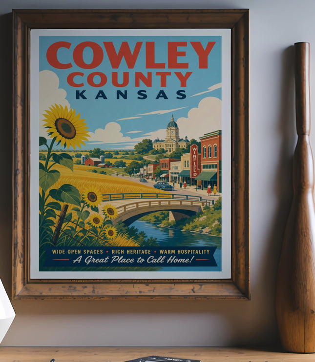 Cowley County, Kansas travel poster with a bridge, buildings, and a sunflower.