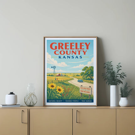 Greeley County Kansas art print with sunflowers, windmill, and text.