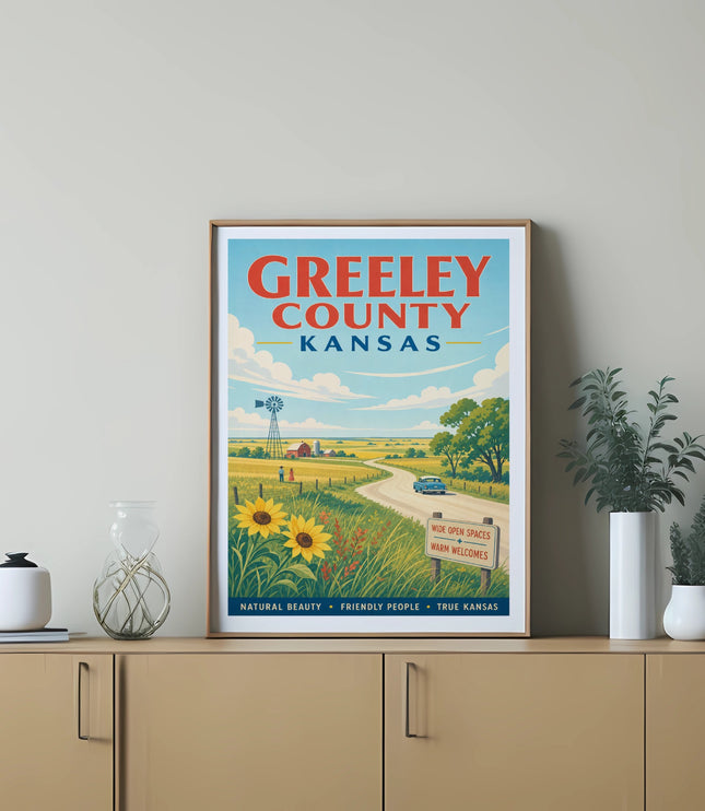 Greeley County Kansas art print with sunflowers, windmill, and text.